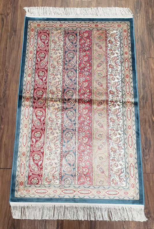 Paisley Pattern Silk Rug, Boteh Design, All Silk Accent Rug, Oriental Carpet, Very Detailed, 2' 8" x 4' 1", New, Bamboo Silk - Nuvé