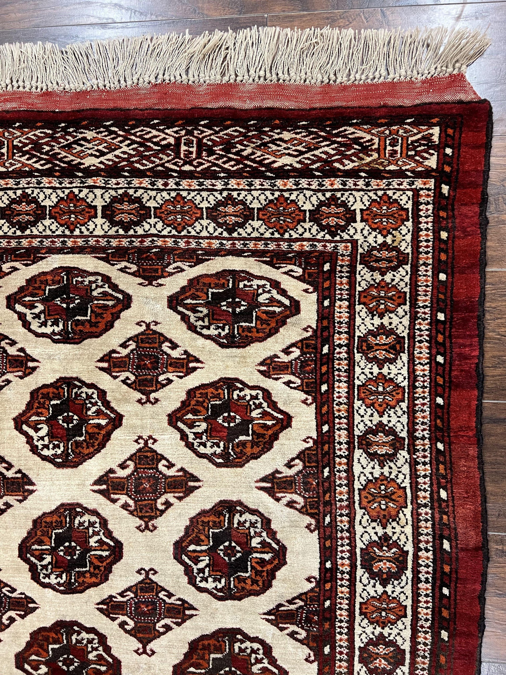 Persian Turkoman Rug 7x8, Almost Square Rare, Hand Knotted, Yamud, Bohemian Rug, Handmade Tribal Rug, Cream Red, Handmade Oriental Carpet - Nuvé