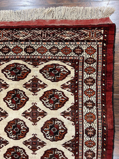 Persian Turkoman Rug 7x8, Almost Square Rare, Hand Knotted, Yamud, Bohemian Rug, Handmade Tribal Rug, Cream Red, Handmade Oriental Carpet - Nuvé