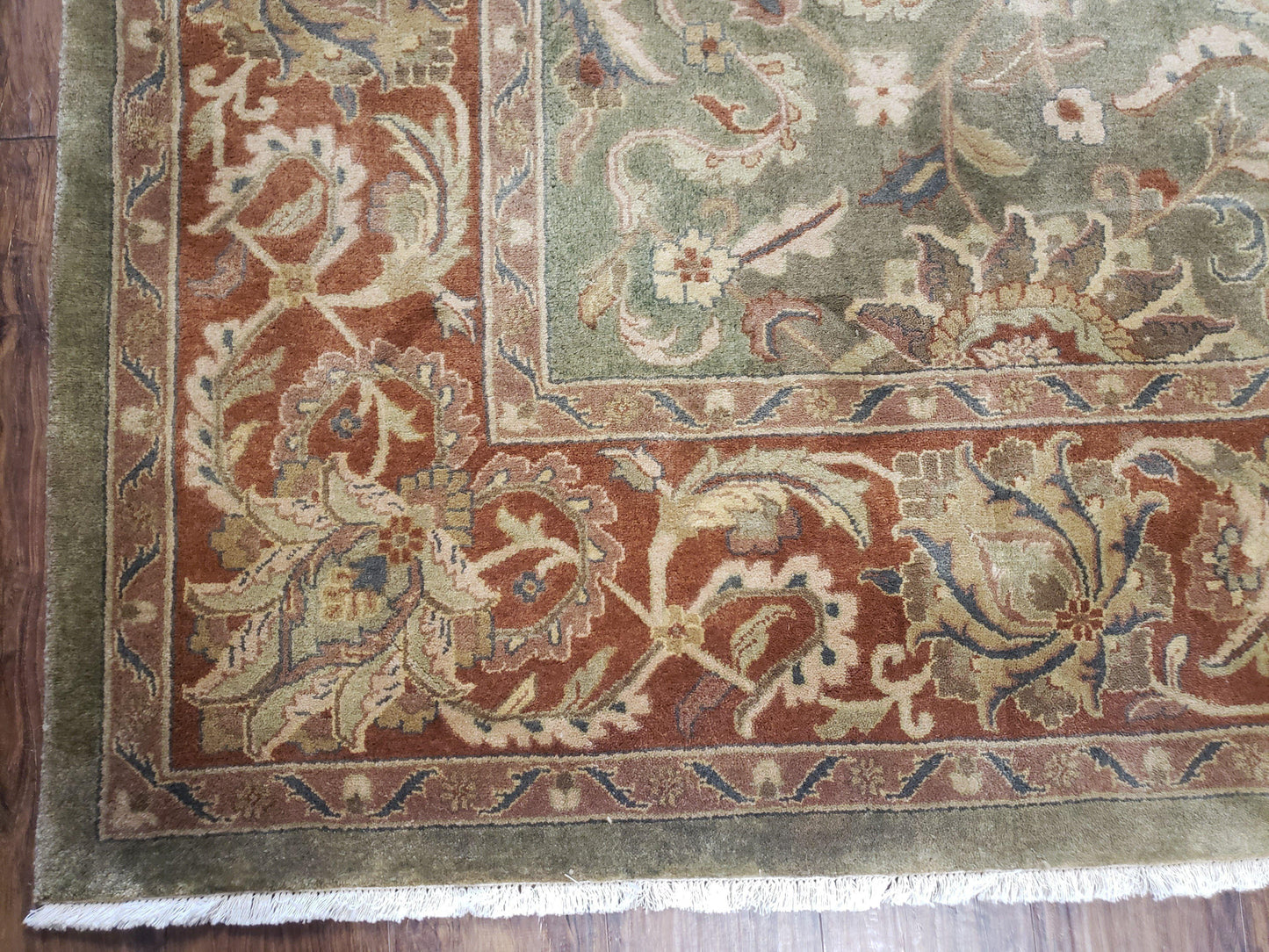 Vintage Indo Mahal Area Rug 9x12, Wool Hand-Knotted Laurel Green & Auburn Indian Carpet, 9 x 12 Floral Carpet, Living Room Rug - Nuvé