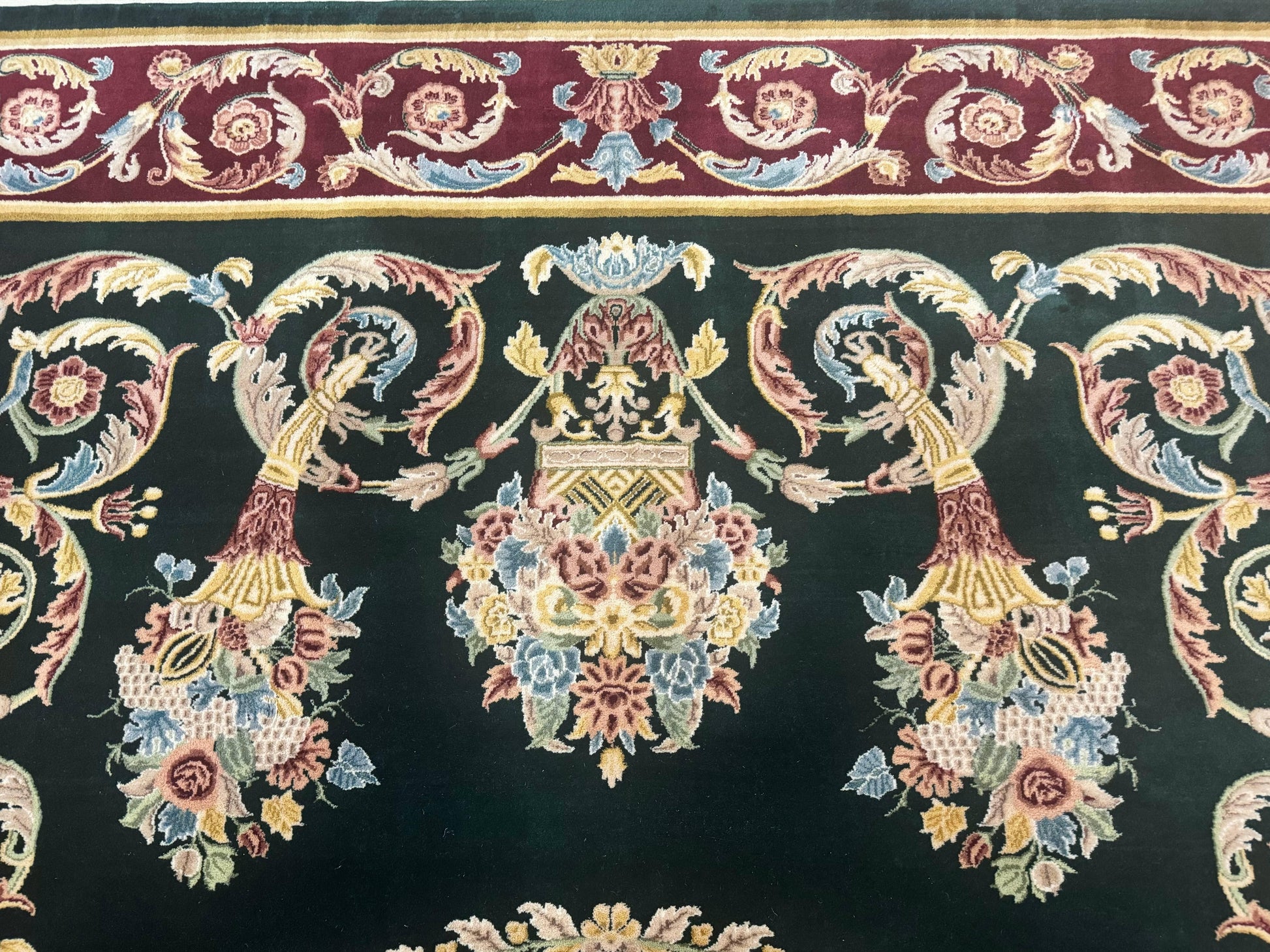 Aubusson Rug 9x12, Dark Green, European Design, Vintage Fine Handmade Carpet, Elegant - Nuvé