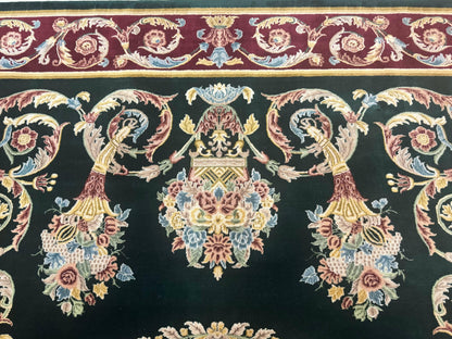 Aubusson Rug 9x12, Dark Green, European Design, Vintage Fine Handmade Carpet, Elegant - Nuvé