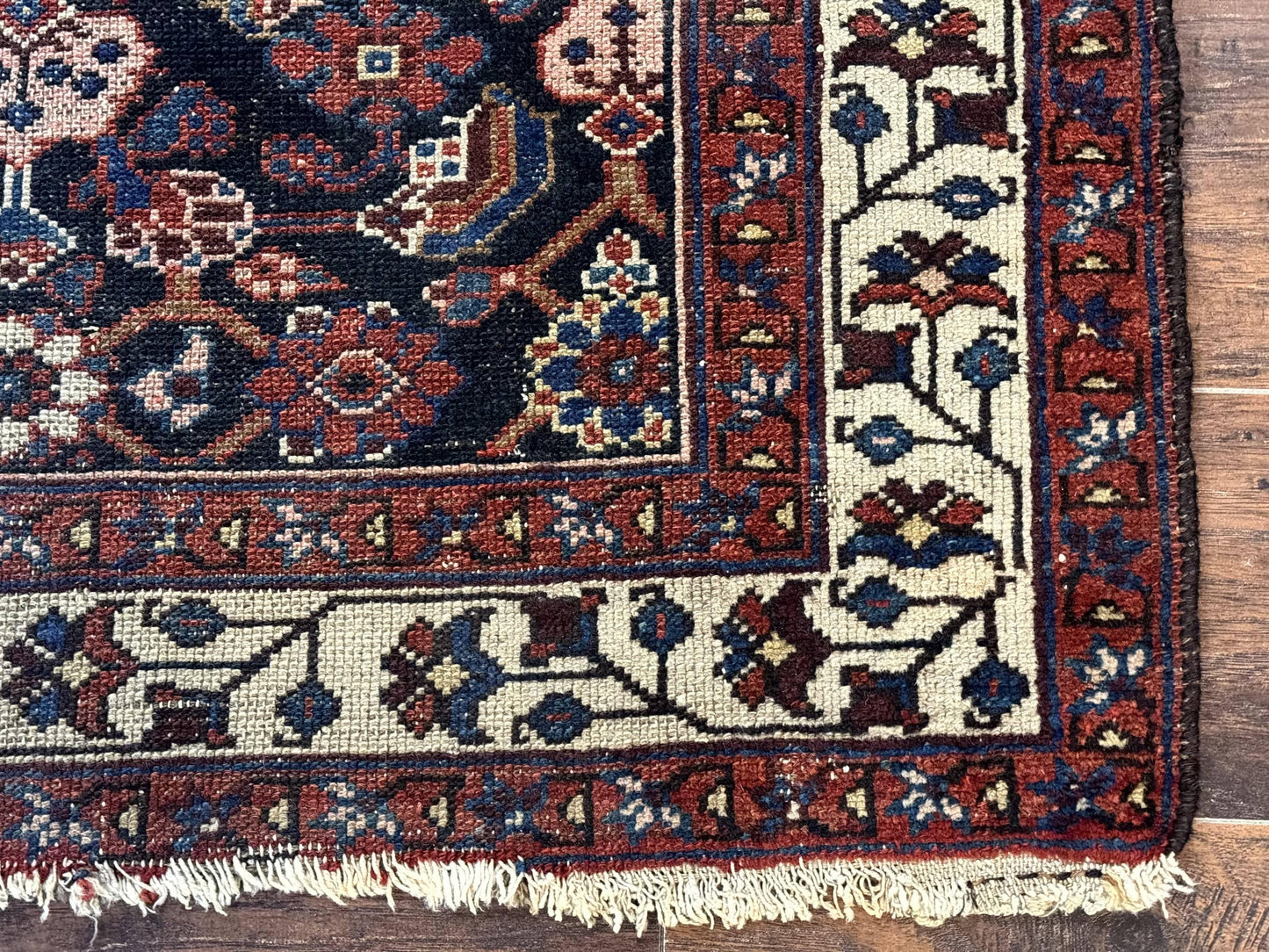 Navy Blue Antique Persian Rug 3x6, Blue and Ivory Persian Carpet, Handmade 1920s Hamadan Rug - Nuvé
