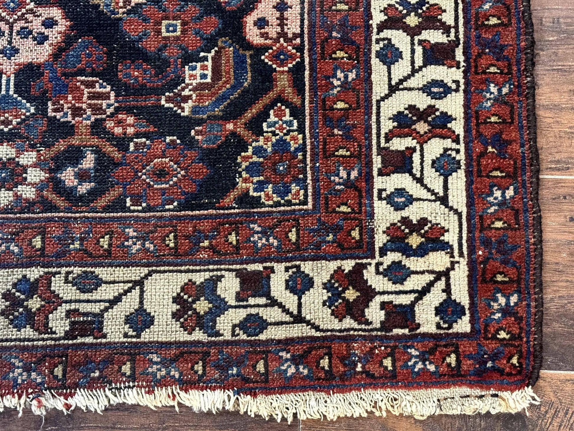 Navy Blue Antique Persian Rug 3x6, Blue and Ivory Persian Carpet, Handmade 1920s Hamadan Rug - Nuvé