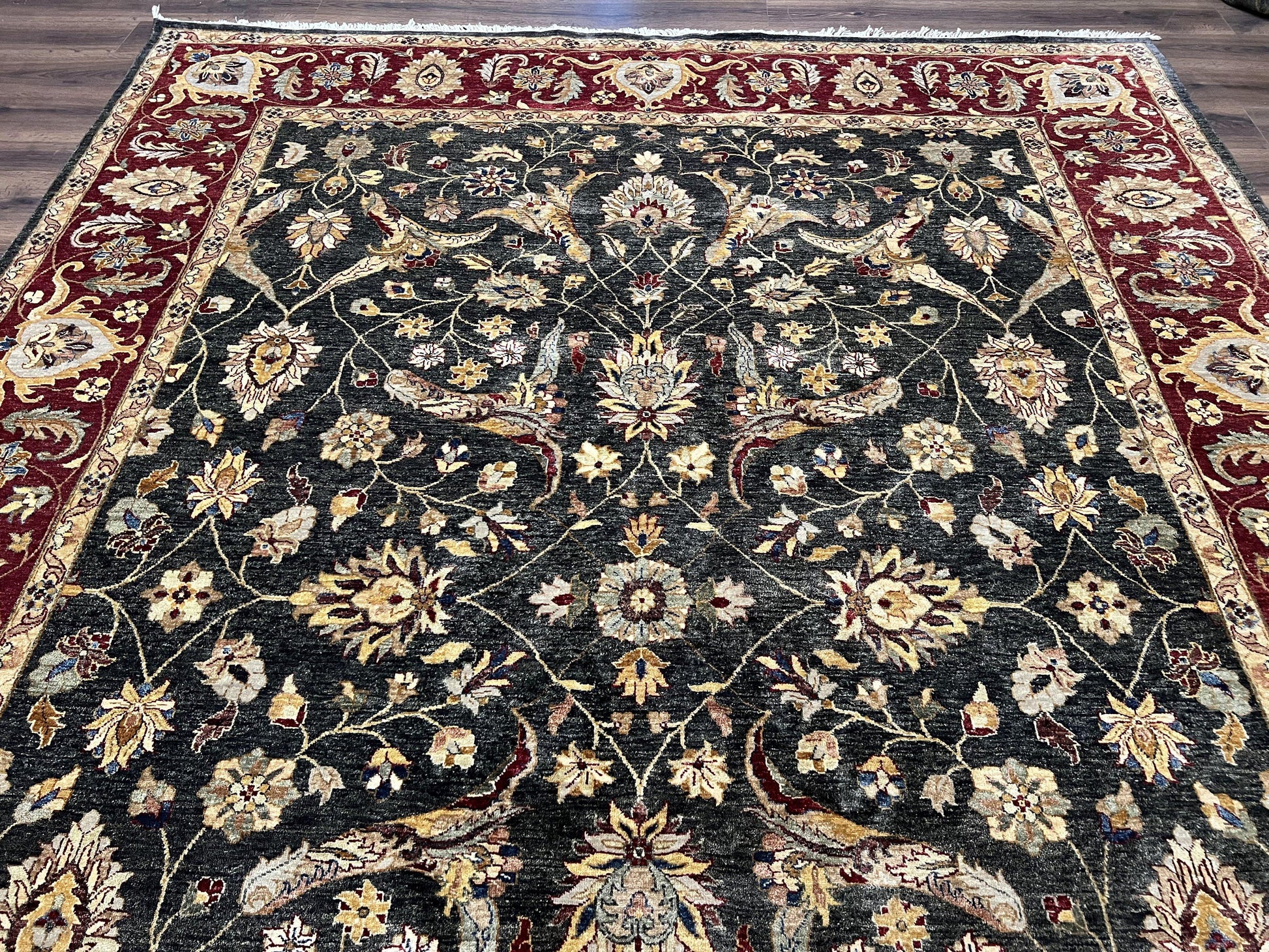Pak Persian Mahal Rug 9x12, Allover Floral Pakistani Oriental Carpet 9 x 12, Wool Hand Knotted Area Rug, Dark Slate Gray-Black and Maroon - Nuvé