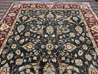 Pak Persian Mahal Rug 9x12, Allover Floral Pakistani Oriental Carpet 9 x 12, Wool Hand Knotted Area Rug, Dark Slate Gray-Black and Maroon - Nuvé