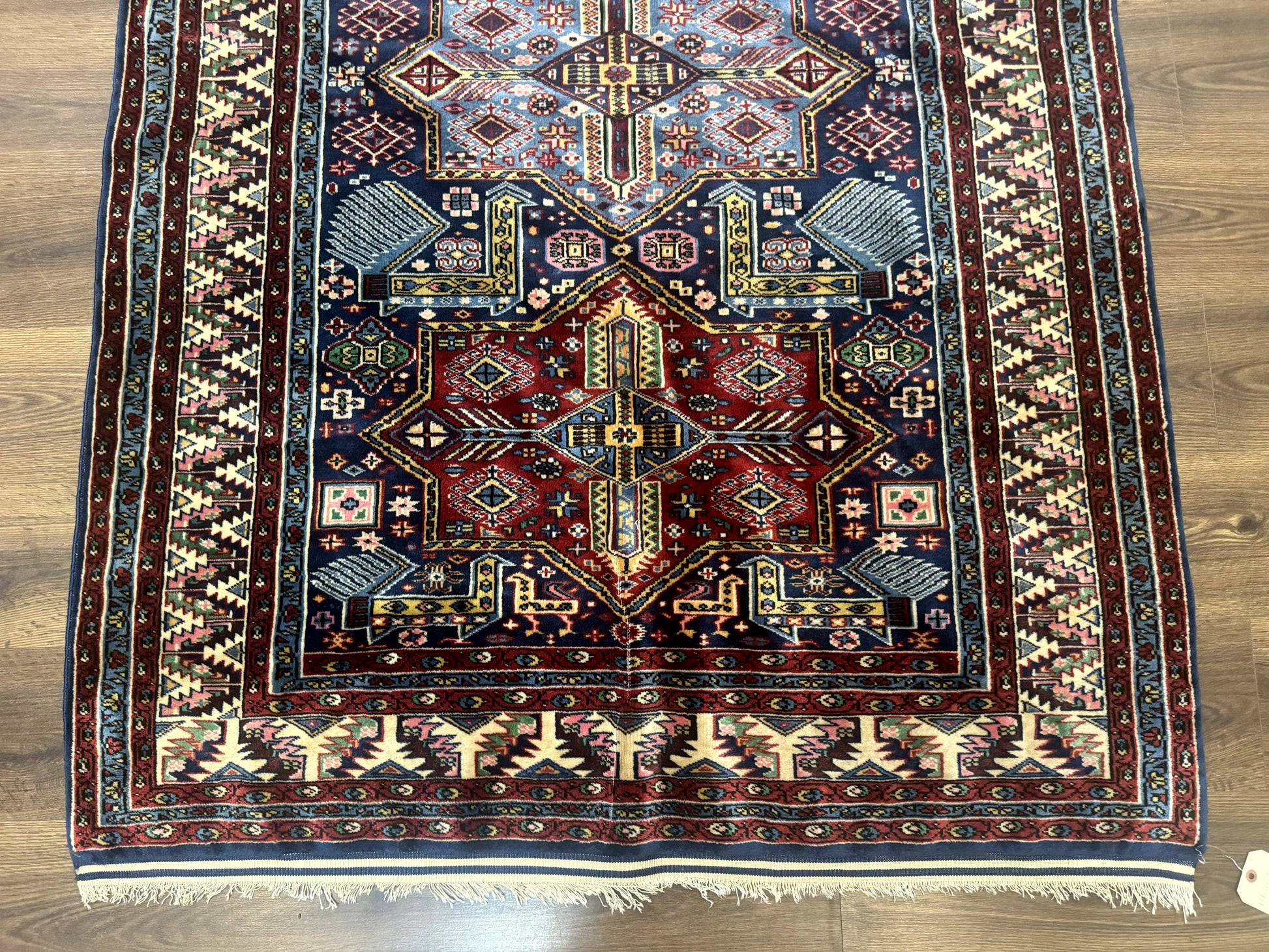 Indian Rug with Caucasian Design, 4x6 Geometric Carpet, Navy Blue and Cream - Nuvé