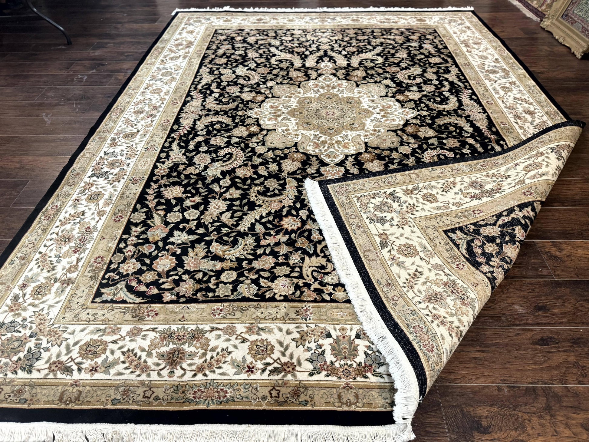 Sino Persian Rug 9x12, Floral Medallion, Black and Ivory, Elegant - Nuvé