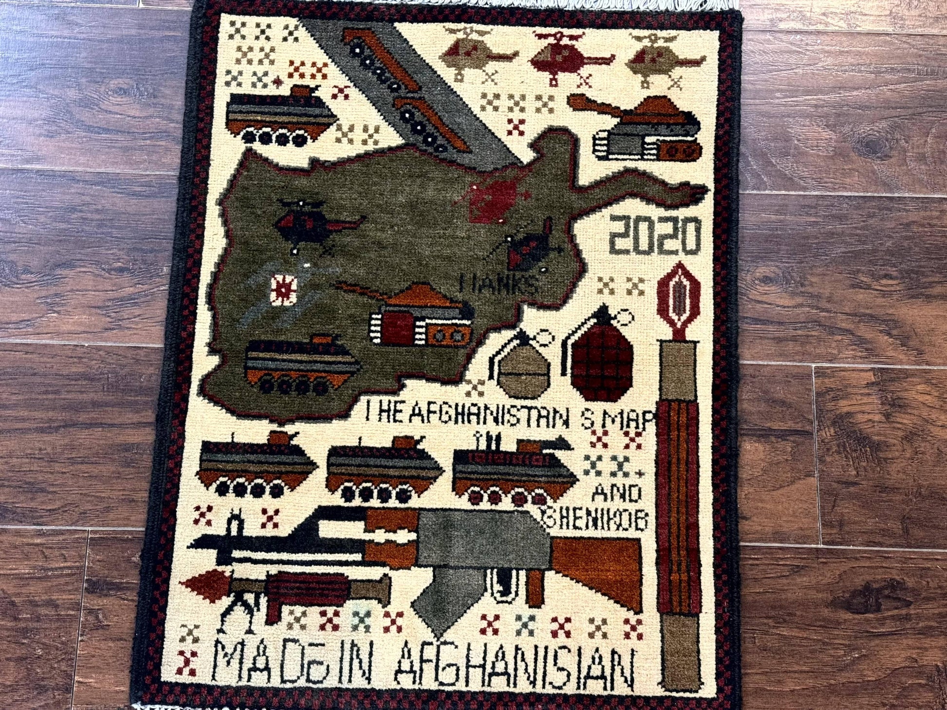 Afghan War Rug, Tanks Helicopters Guns - Nuvé
