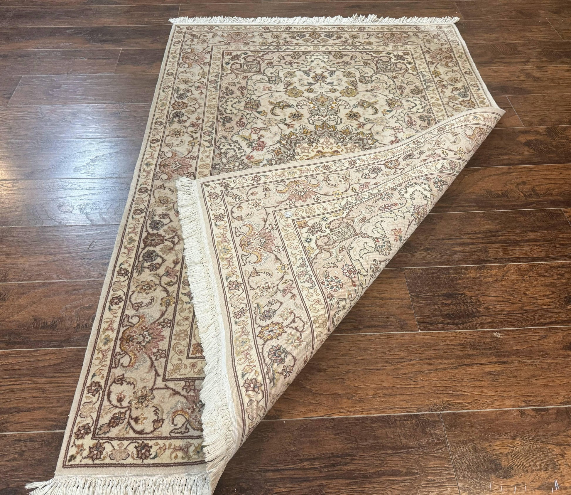 Pak Persian Rug 4x6, Floral Medallion, Beige, Wool and Silk Highlights, Vintage Handmade Rug - Nuvé