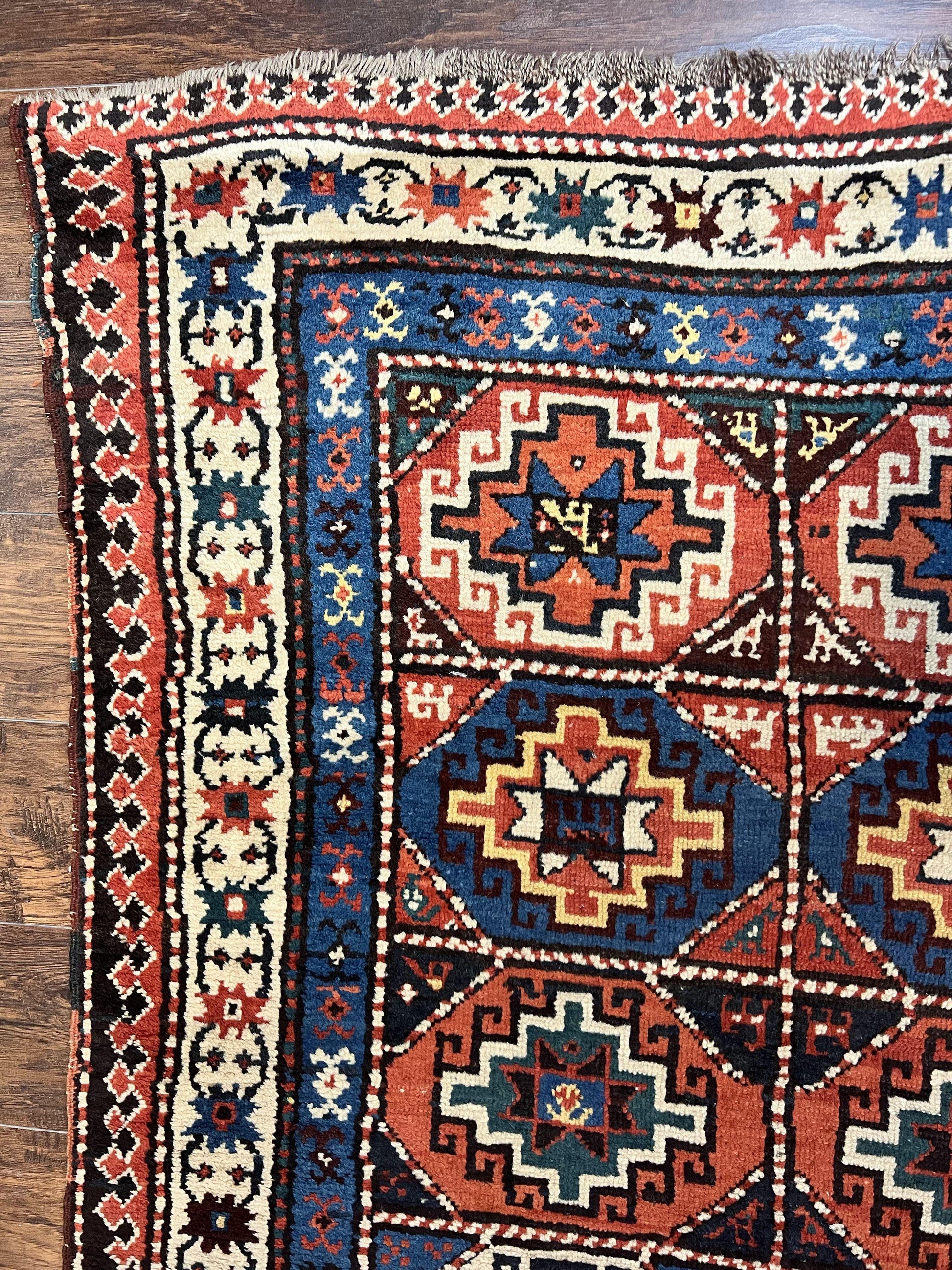Antique Caucasian Kazak Runner Rug 4 x 9.5, Handmade Wool Rug for Hallway, Rare Colorful Panel Design Mid 19th Century 1870s Oriental Carpet - Nuvé