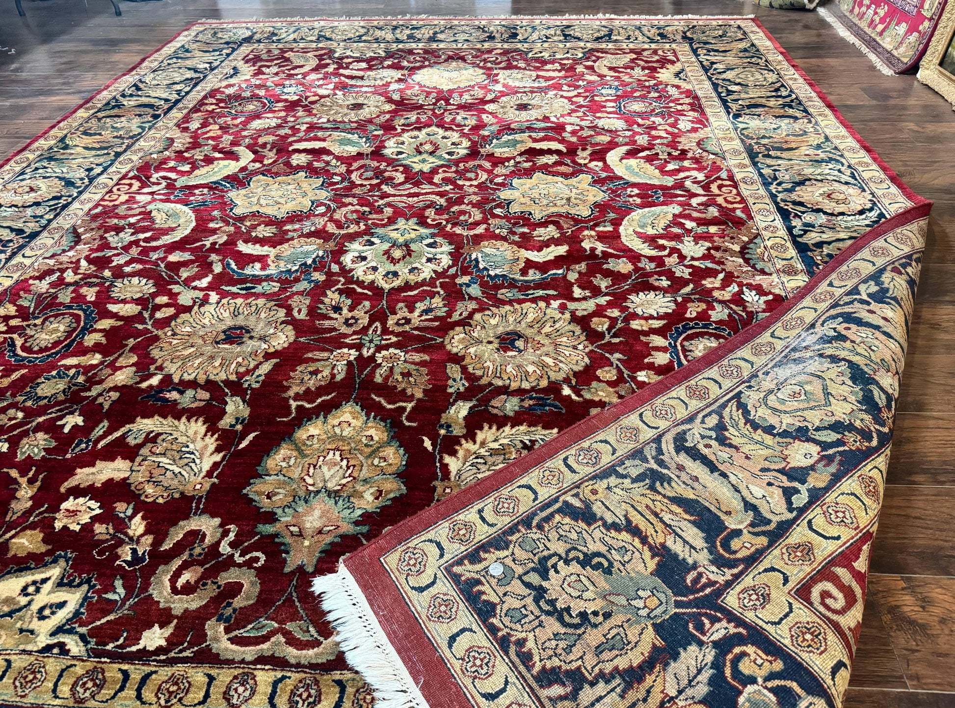 Indo Persian Rug 10x14, Indian Agra Carpet, Vintage Handmade Wool Large Traditional Rug, Dark Red Navy Blue Beige - Nuvé