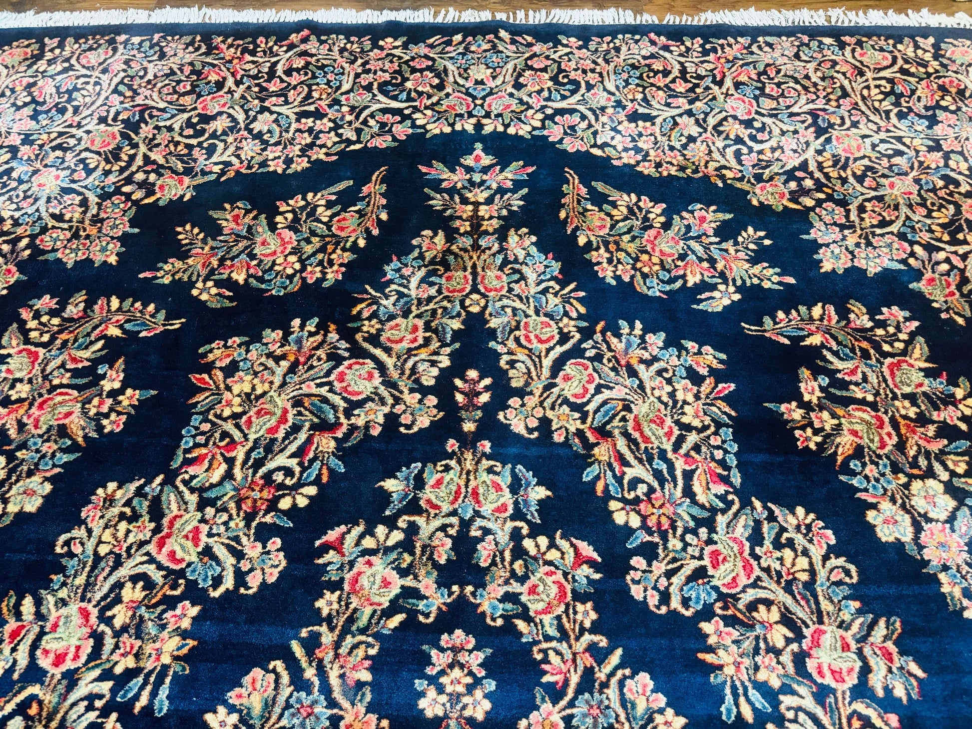 Antique Persian Kerman Rug 10x13, Navy Blue Floral Carpet, Fine 270 KPSI - Nuvé