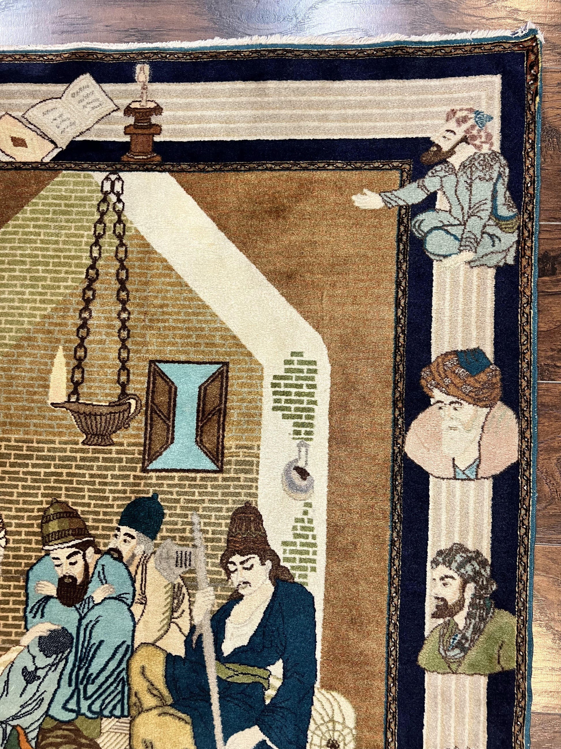 Persian Tabriz Pictorial Rug 3x5, Wall Hanging Carpet, Very Fine 60 Raj 475 KPSI, Hand Knotted Vintage Semi Antique, Wool, Persian Poetry - Nuvé