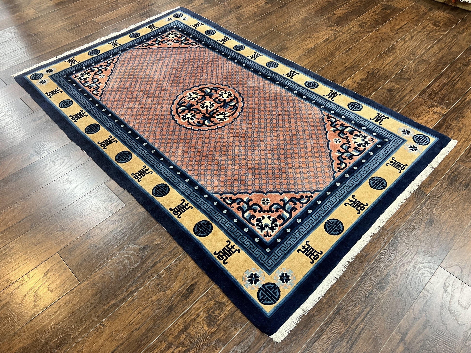 Chinese Peking Rug 5x8, Vintage Semi Antique Chinese Art Deco Carpet, Wool Pile Light Red/Salmon Gold Navy Blue, Handmade Asian Oriental Rug - Nuvé
