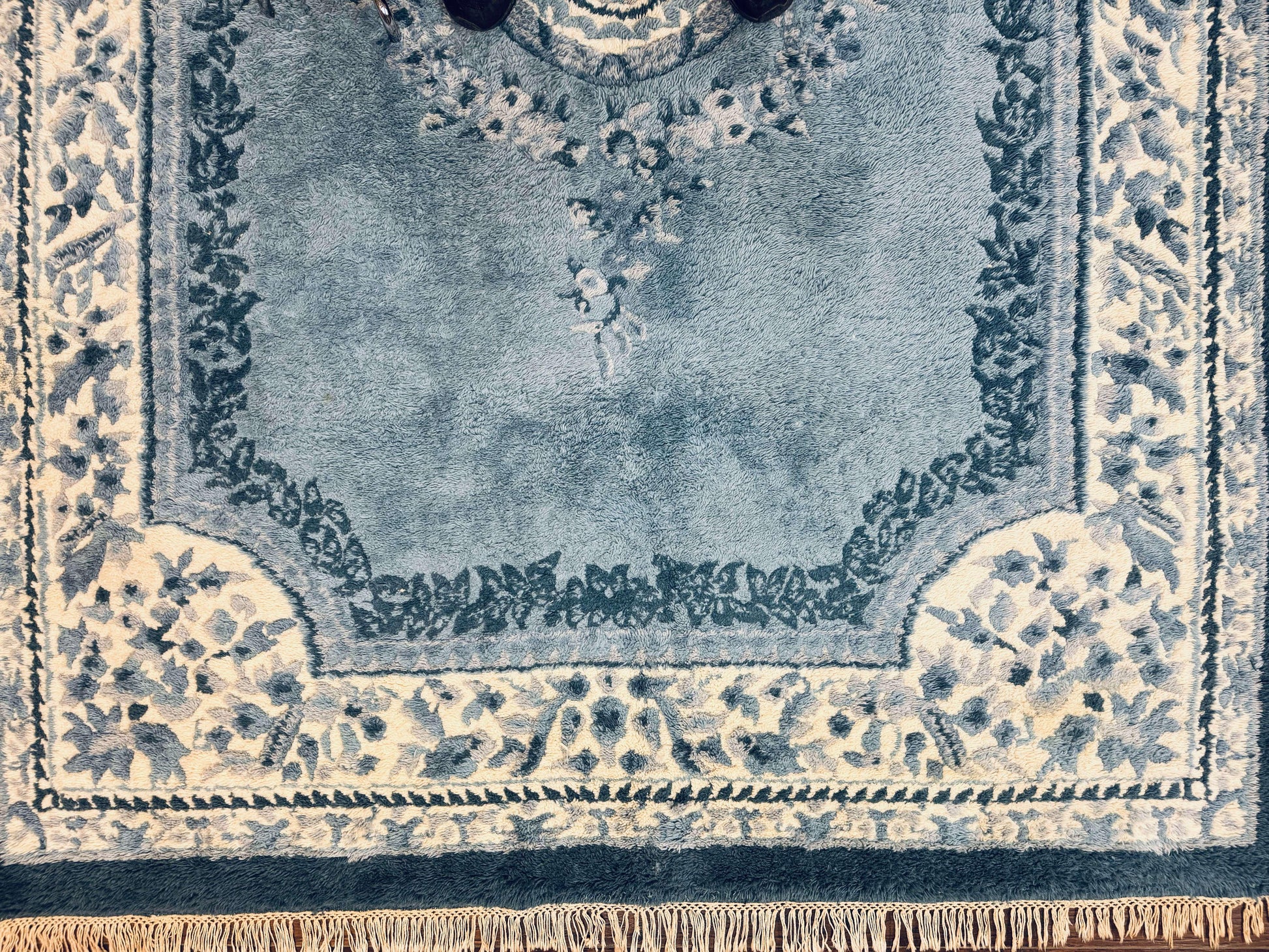 Indo Chinese Aubusson Rug 6x9, Light Blue and Ivory, Handmade Vintage Wool Carpet - Nuvé