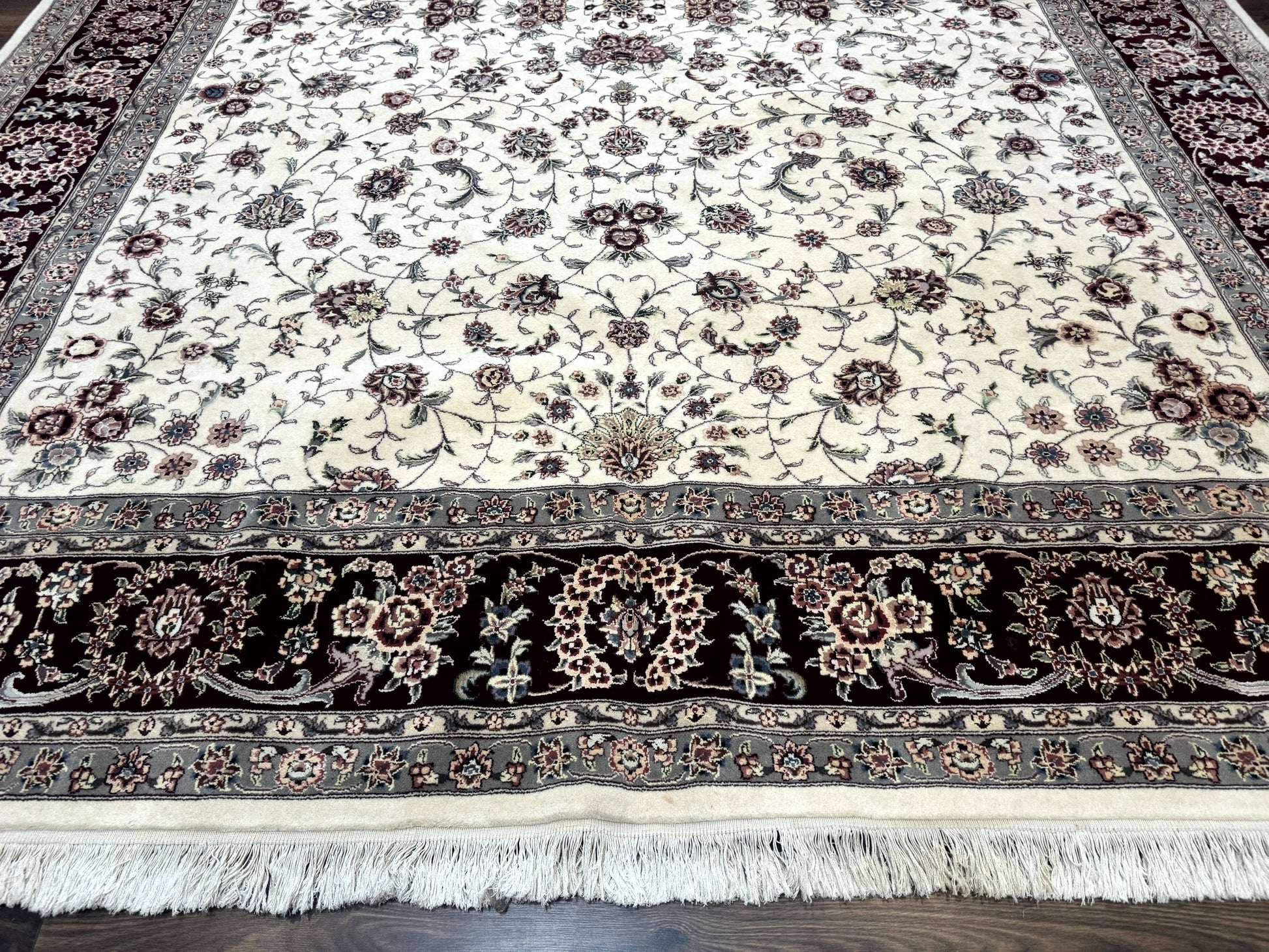 Sino Persian Rug 9x12, Floral Allover Design, 170 KPSI, Ivory and Dark Maroon - Nuvé