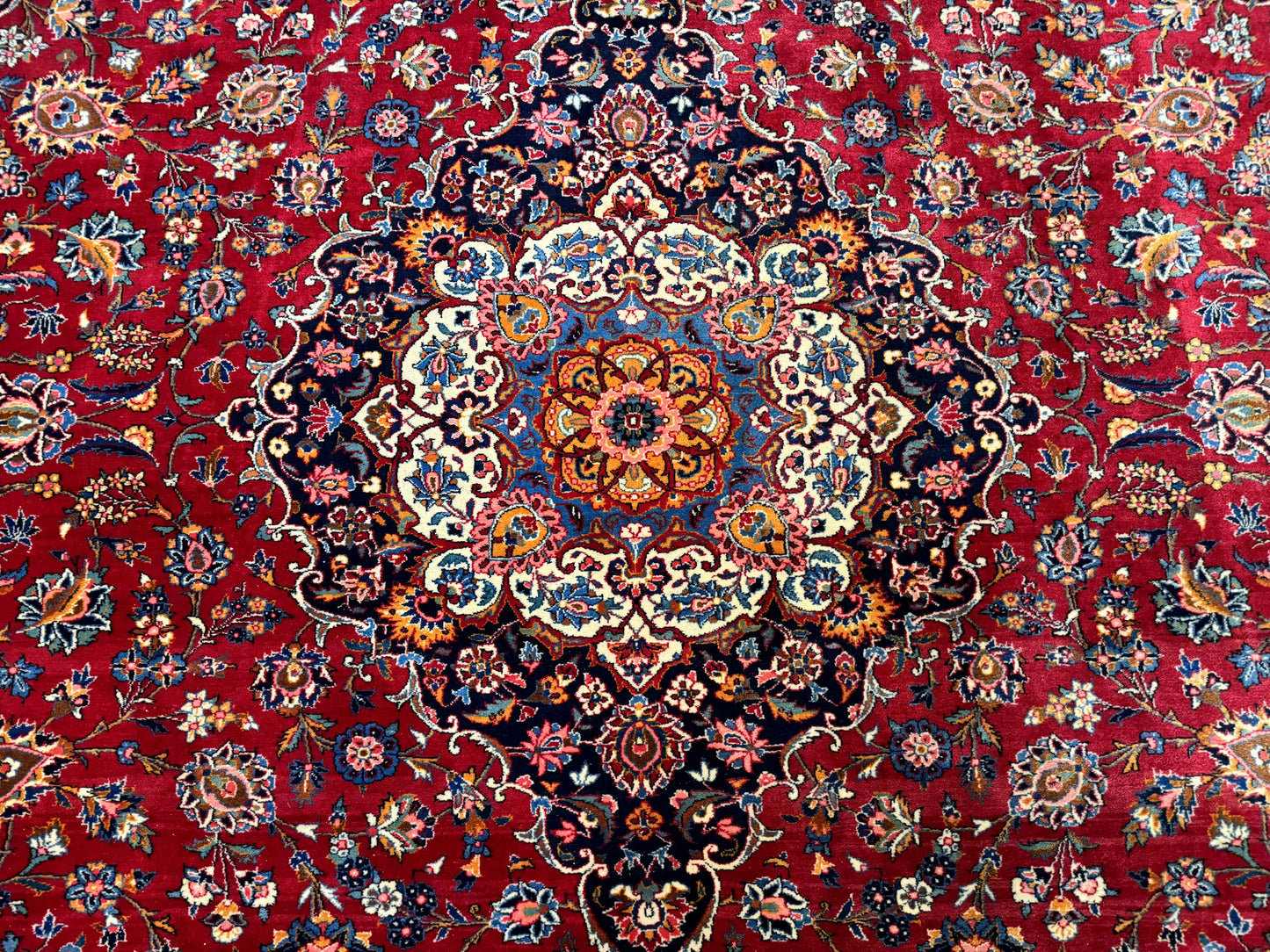 Large Persian Kashan Rug 11x14, Traditional Persian Carpet, Wool, Fine 250 KPSI, Red Navy Blue - Nuvé