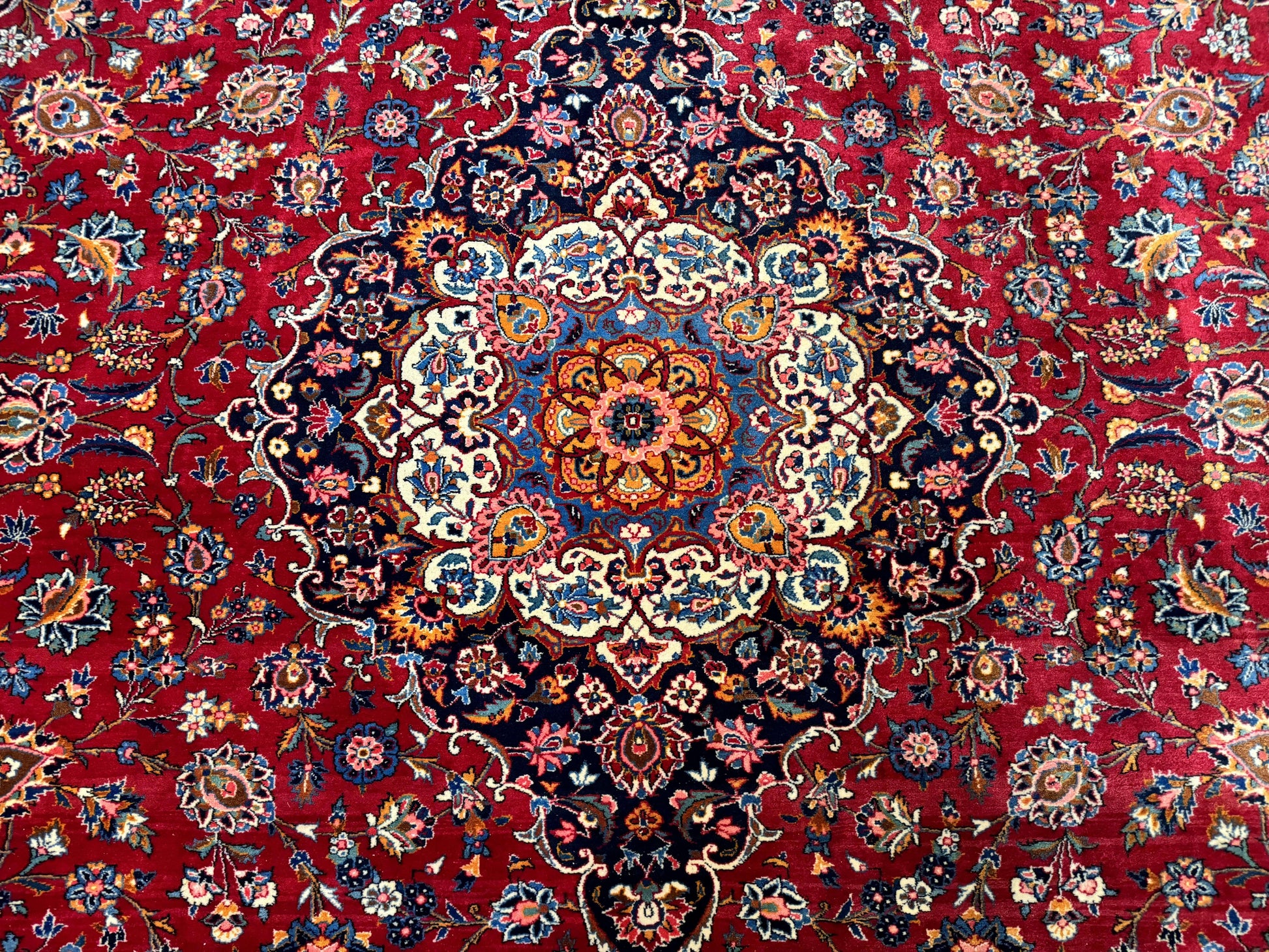 Large Persian Kashan Rug 11x14, Traditional Persian Carpet, Wool, Fine 250 KPSI, Red Navy Blue - Nuvé