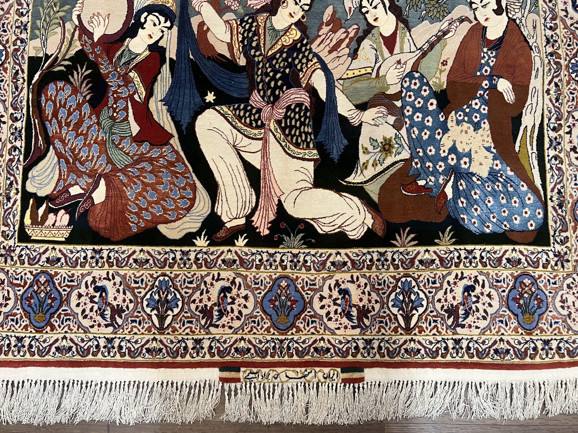 Persian Pictorial Rug 5 x 4 ft, Persian Isfahan Rug, Kork Wool on Silk Foundation, Signature from Master Weaver, Drums and Musical Instruments, Birds, Detailed - Nuvé