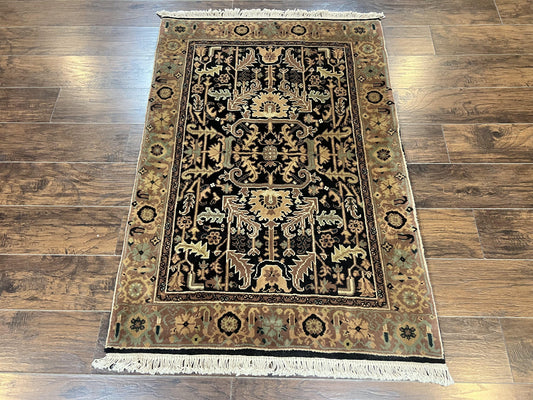 Heriz Rug 3.6 x 5, Handmade Vintage Wool Carpet, Couristan Carpet, Persian Design, Black - Nuvé