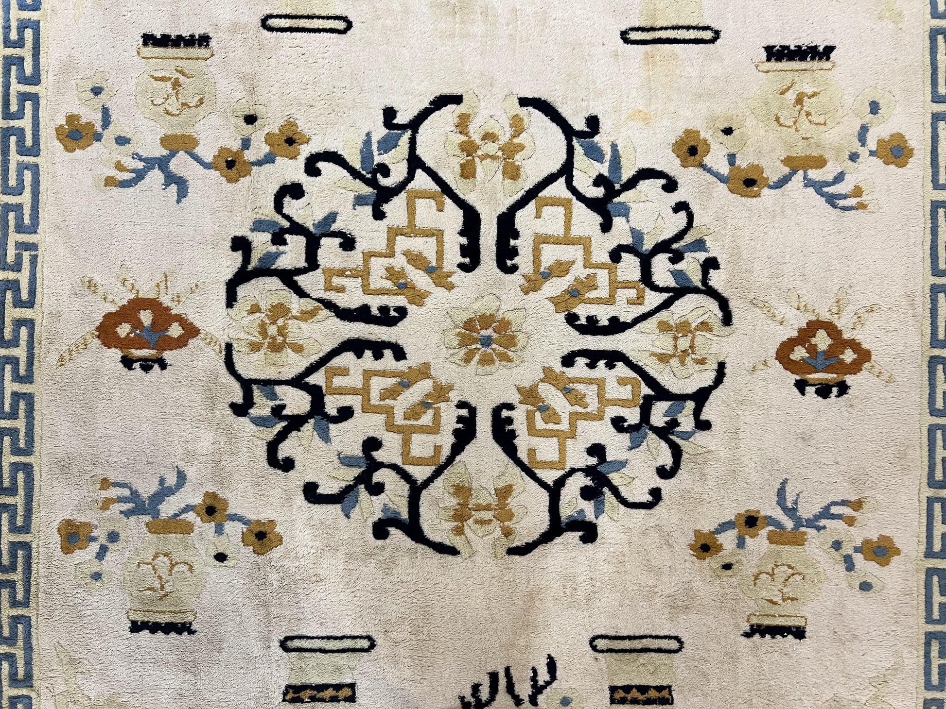 Indo Chinese Rug 9x12, Asian Oriental Carpet 9 x 12, Cream & Burnt Orange, Handmade Wool Vintage Art Deco Rug - Nuvé