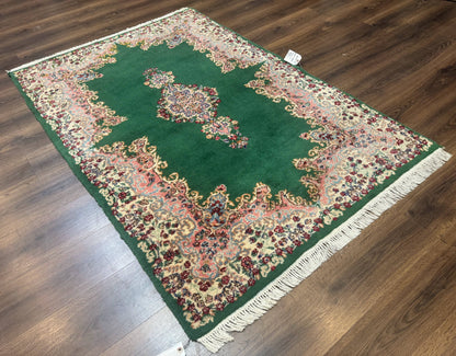 Green Persian Kerman Rug 4x6, Semi Open Field, Green & Cream, Vintage - Nuvé