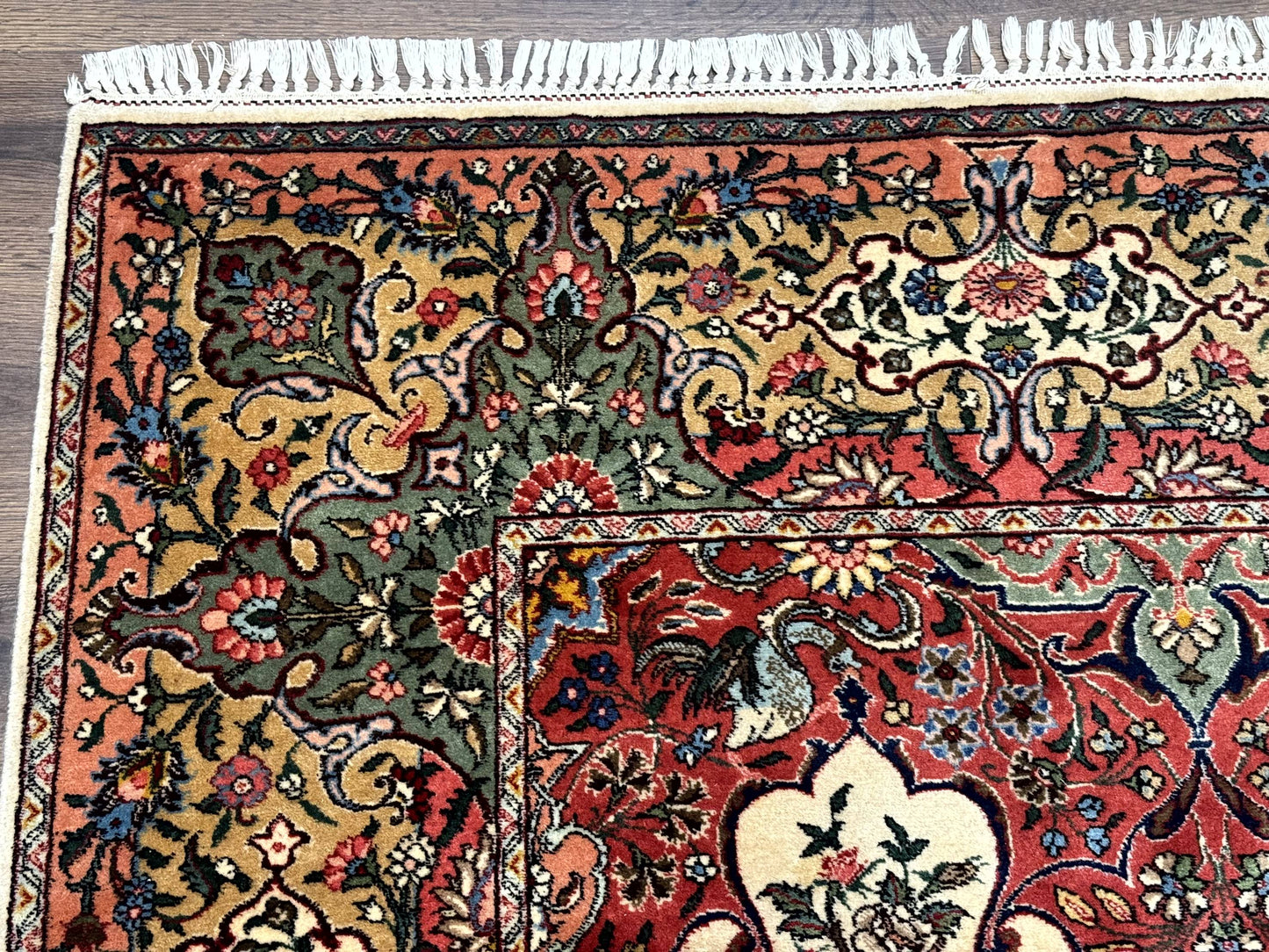 Antique Tabriz Persian Rug 7x10, Red Cream Tan, Unique Design, Fine 270 KPSI, Birds, Floral - Nuvé