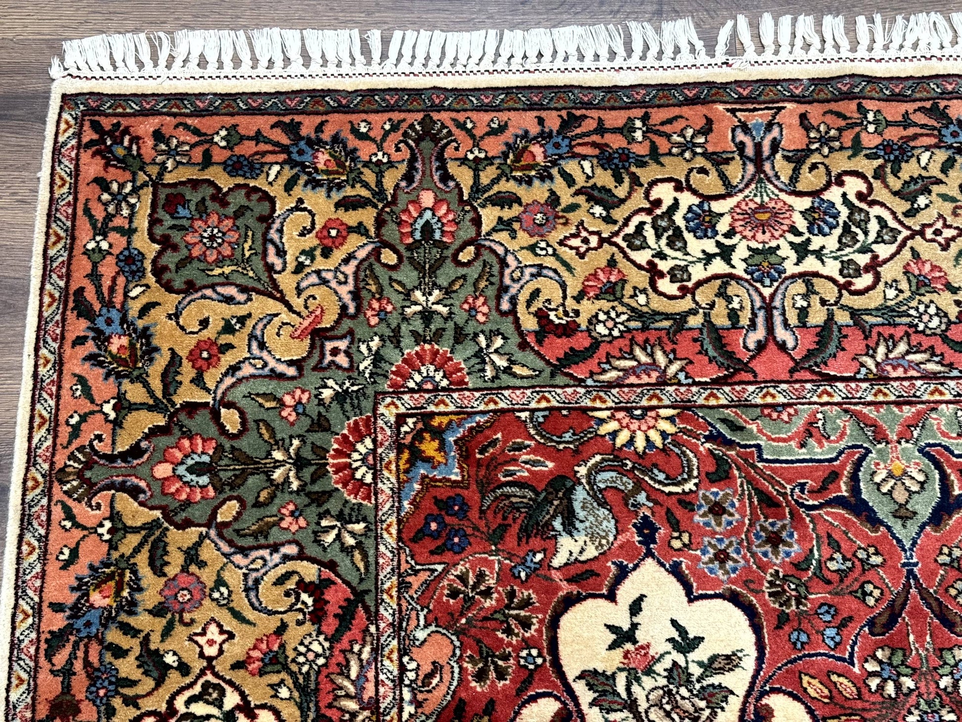 Antique Tabriz Persian Rug 7x10, Red Cream Tan, Unique Design, Fine 270 KPSI, Birds, Floral - Nuvé