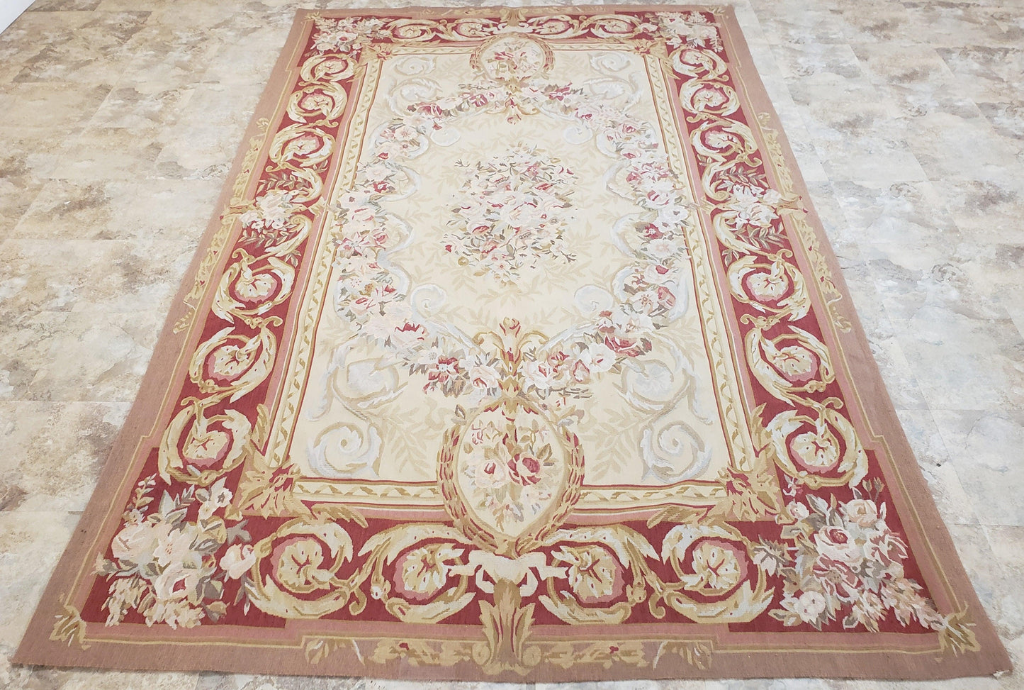 Aubusson Rug 6x9, Elegant Flatweave Rug, Aubusson Savonnerie 6 x 9 Flatweave Area Rug, Cream and Red, Wool Hand Woven Carpet, Medium Size - Nuvé