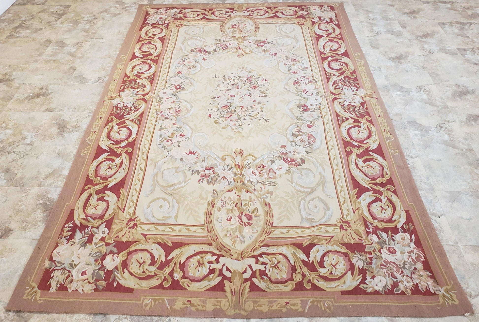 Aubusson Rug 6x9, Elegant Flatweave Rug, Aubusson Savonnerie 6 x 9 Flatweave Area Rug, Cream and Red, Wool Hand Woven Carpet, Medium Size - Nuvé
