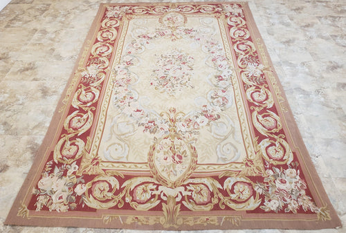 Aubusson Rug 6x9, Elegant Flatweave Rug, Aubusson Savonnerie 6 x 9 Flatweave Area Rug, Cream and Red, Wool Hand Woven Carpet, Medium Size - Nuvé
