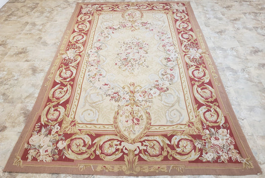 Aubusson Rug 6x9, Elegant Flatweave Rug, Aubusson Savonnerie 6 x 9 Flatweave Area Rug, Cream and Red, Wool Hand Woven Carpet, Medium Size - Nuvé