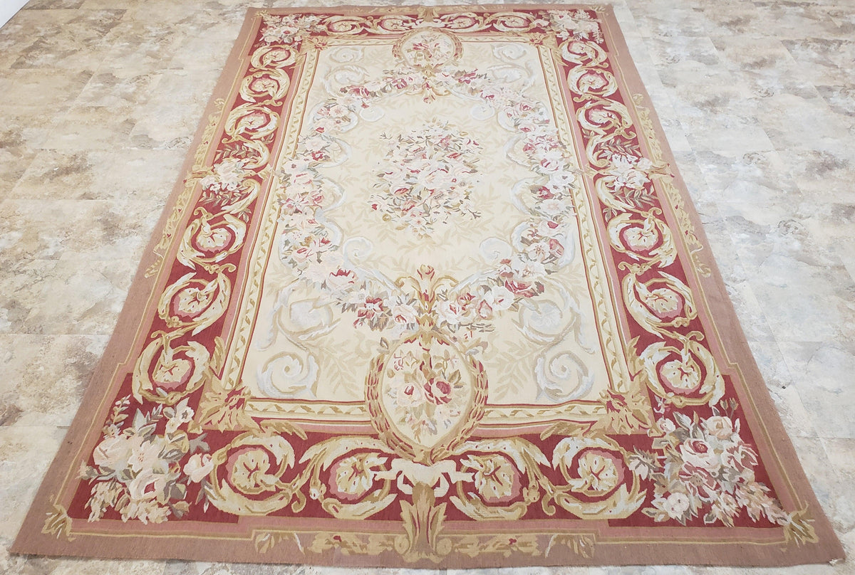 Aubusson Rug 6x9, Elegant Flatweave Rug, Aubusson Savonnerie 6 x 9 Flatweave Area Rug, Cream and Red, Wool Hand Woven Carpet, Medium Size