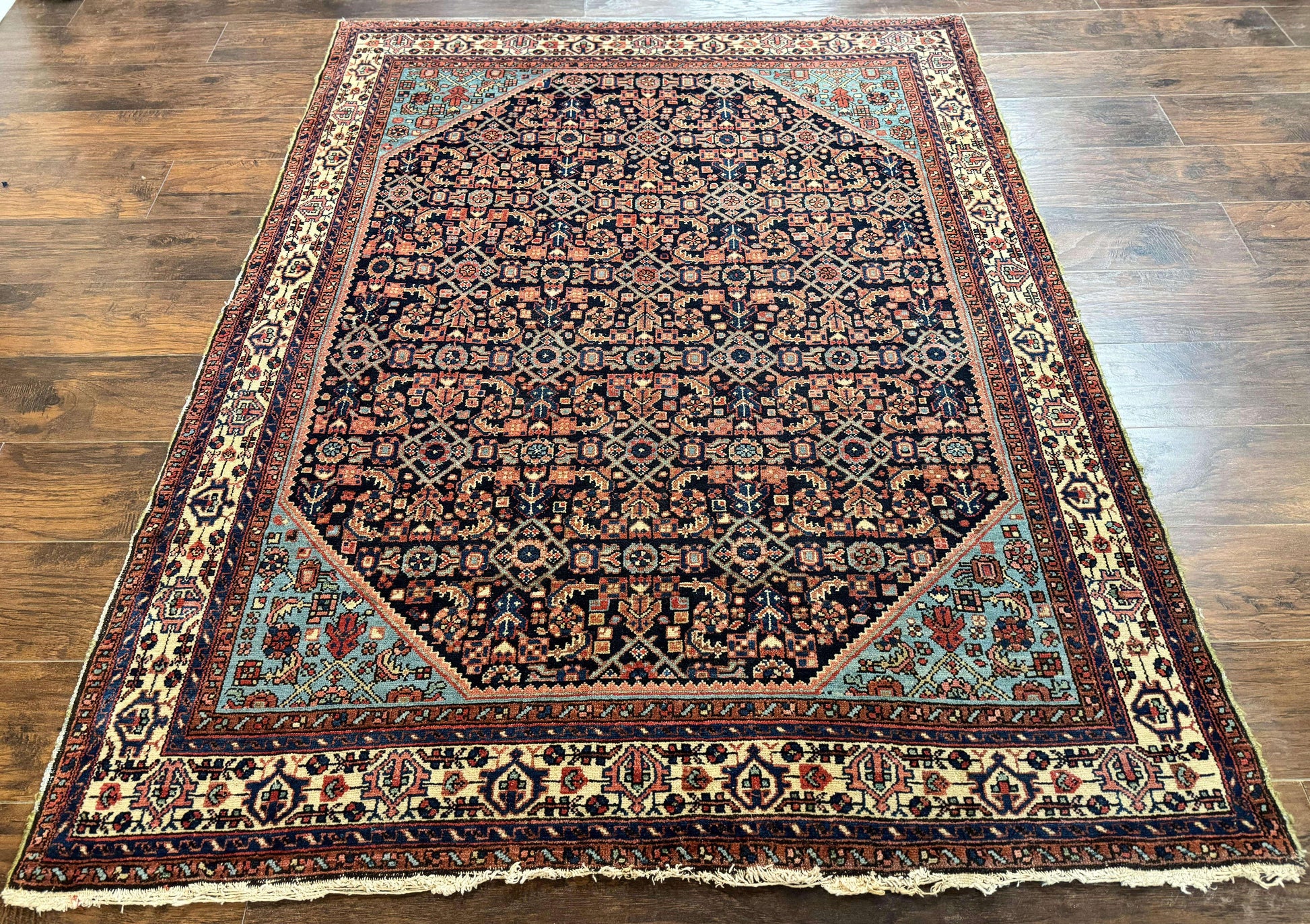 Antique Persian Rug 5 x 6.7, Navy Blue & Ivory, Handmade Persian Wool Carpet, Hamadan Angelas Rug - Nuvé