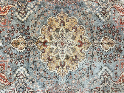 Silk Turkish Rug 5x7, Light Blue Silk Carpet, Floral Medallion, Turkish Kayseri Rug, Vintage Handmade Oriental Rug - Nuvé