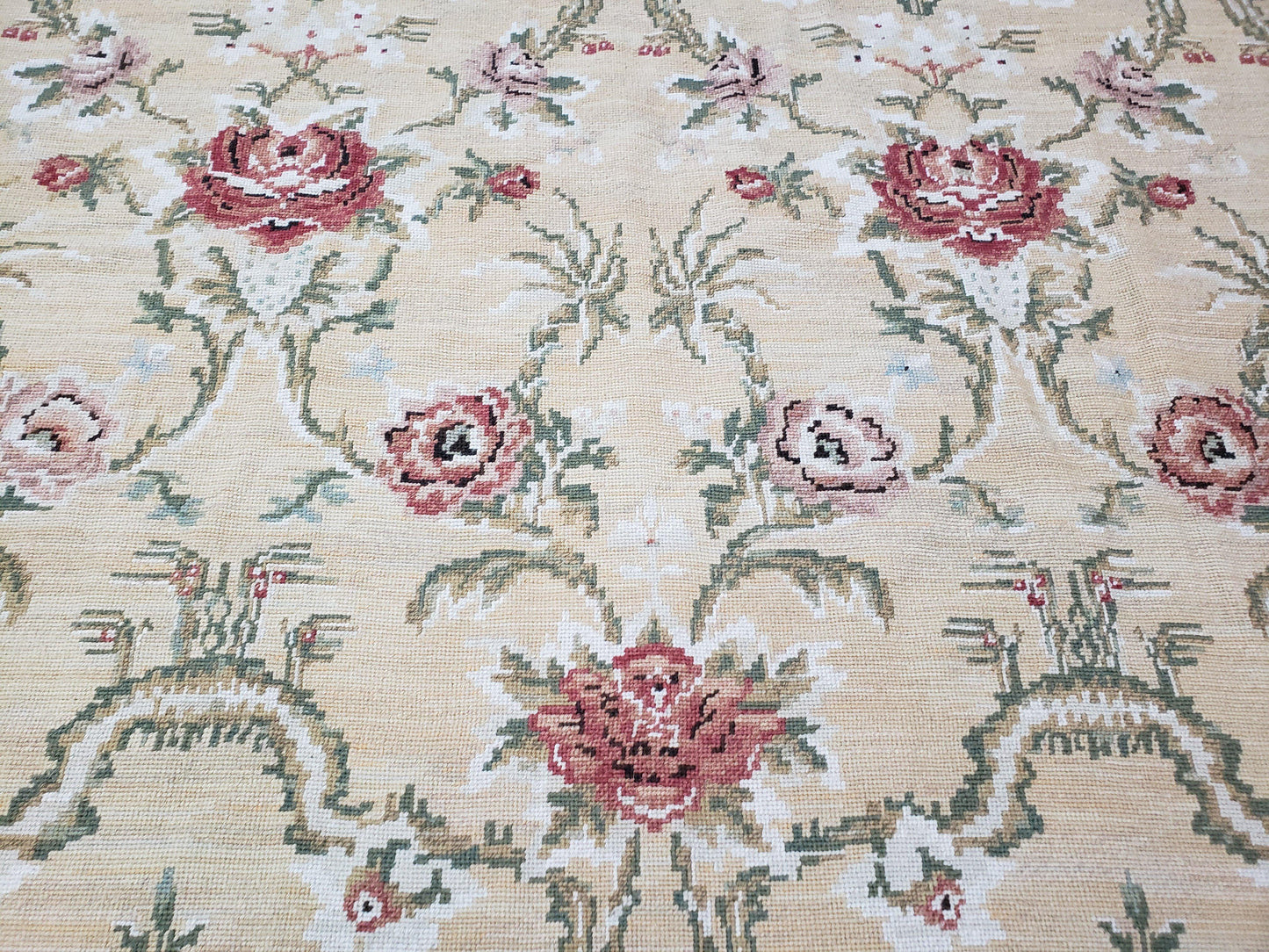 Needlepoint Rug 10x14 Wool Flatweave Carpet, English Floral Pattern, Pale Yellow, Roses, Allover Pattern, Handmade Large Needlepoint Nice - Nuvé