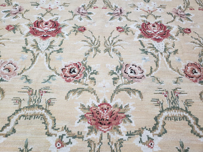Needlepoint Rug 10x14 Wool Flatweave Carpet, English Floral Pattern, Pale Yellow, Roses, Allover Pattern, Handmade Large Needlepoint Nice - Nuvé