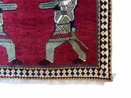 3 X 6 Handmade Wool Rug Tribal Balouch Warriors Deer Animal Pictorial Red Swords - Nuvé