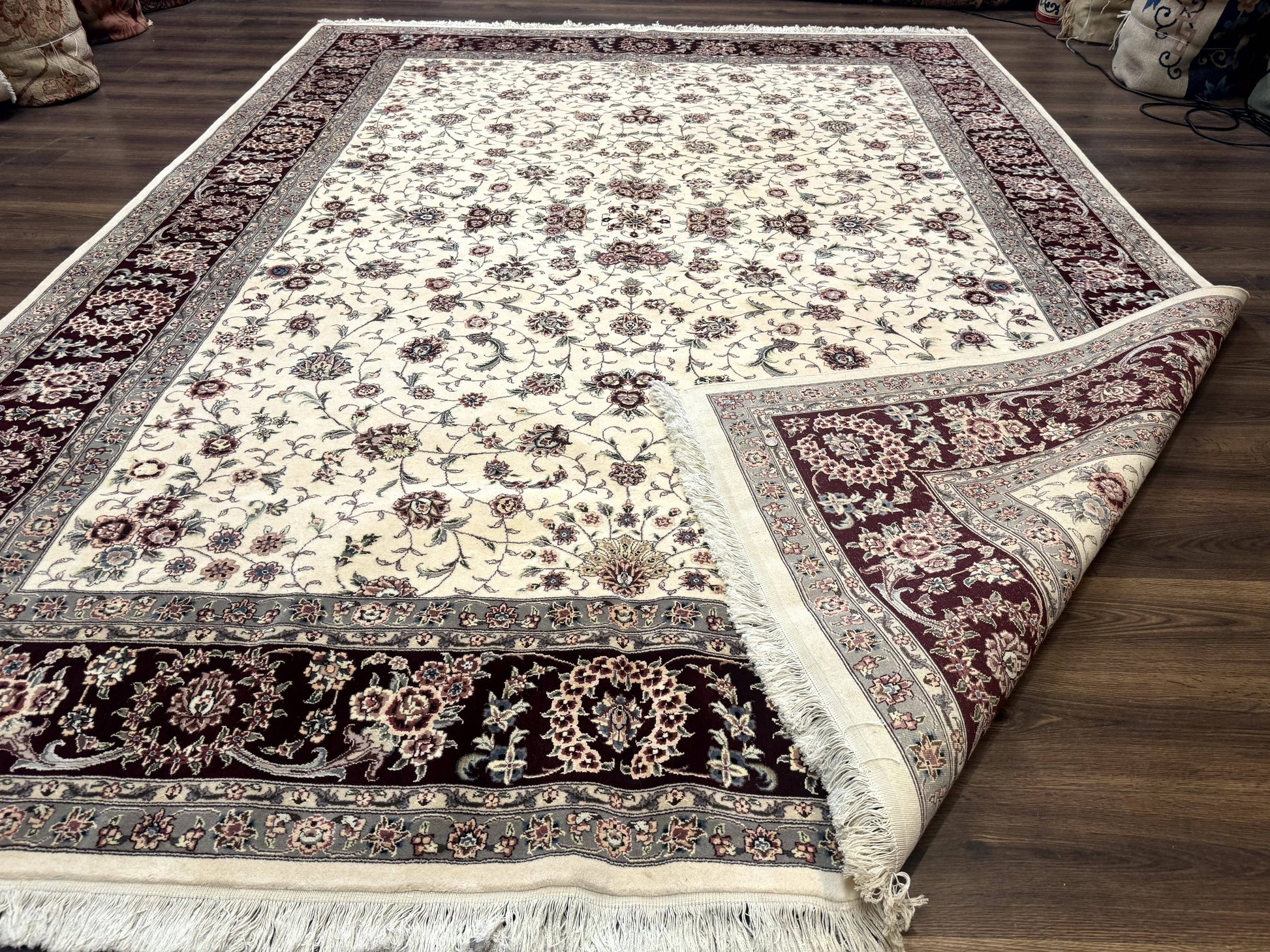 Sino Persian Rug 9x12, Floral Allover Design, 170 KPSI, Ivory and Dark Maroon - Nuvé