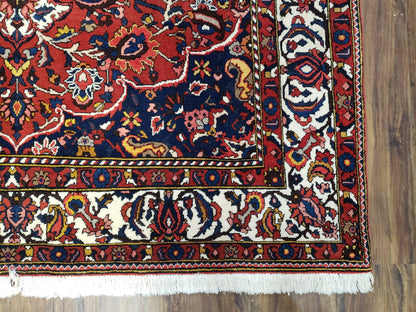 Semi Antique Persian Bakhtiari Rug, Hand-Knotted, Wool, Red, Midnight Blue, Ivory, Floral Medallion, 5'1" x 8' 6" - Nuvé