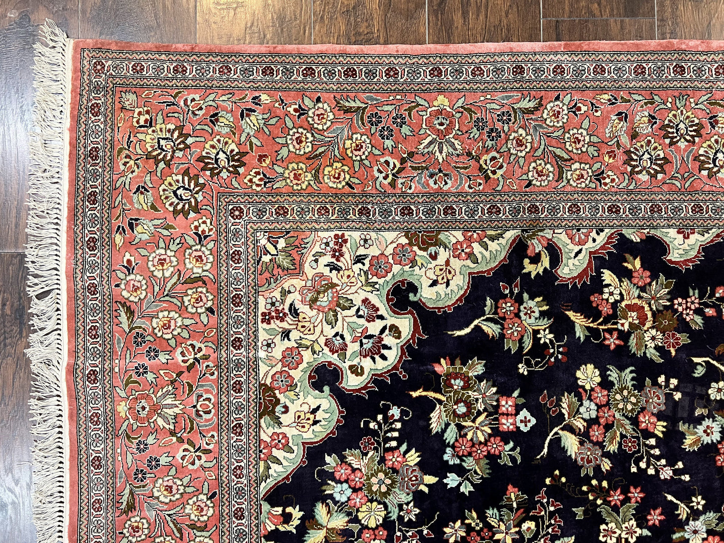 Stunning Silk Persian Qum Rug 7x9, Finely Hand Knotted Navy Blue & Salmon Floral Medallion Authentic Oriental Carpet, Vintage Handmade Silk Ghom Rug, Silk on Silk - Nuvé