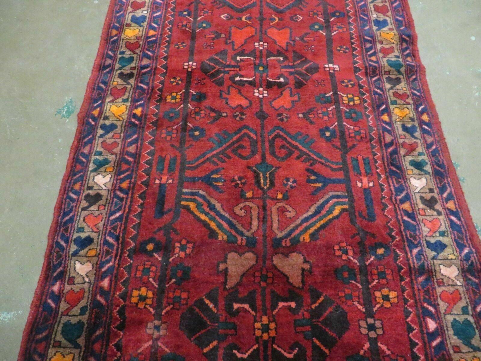 Antique Persian Hamadan Runner 3.4 x 9.7 -  Wool, Red and Navy Blue - Nuvé