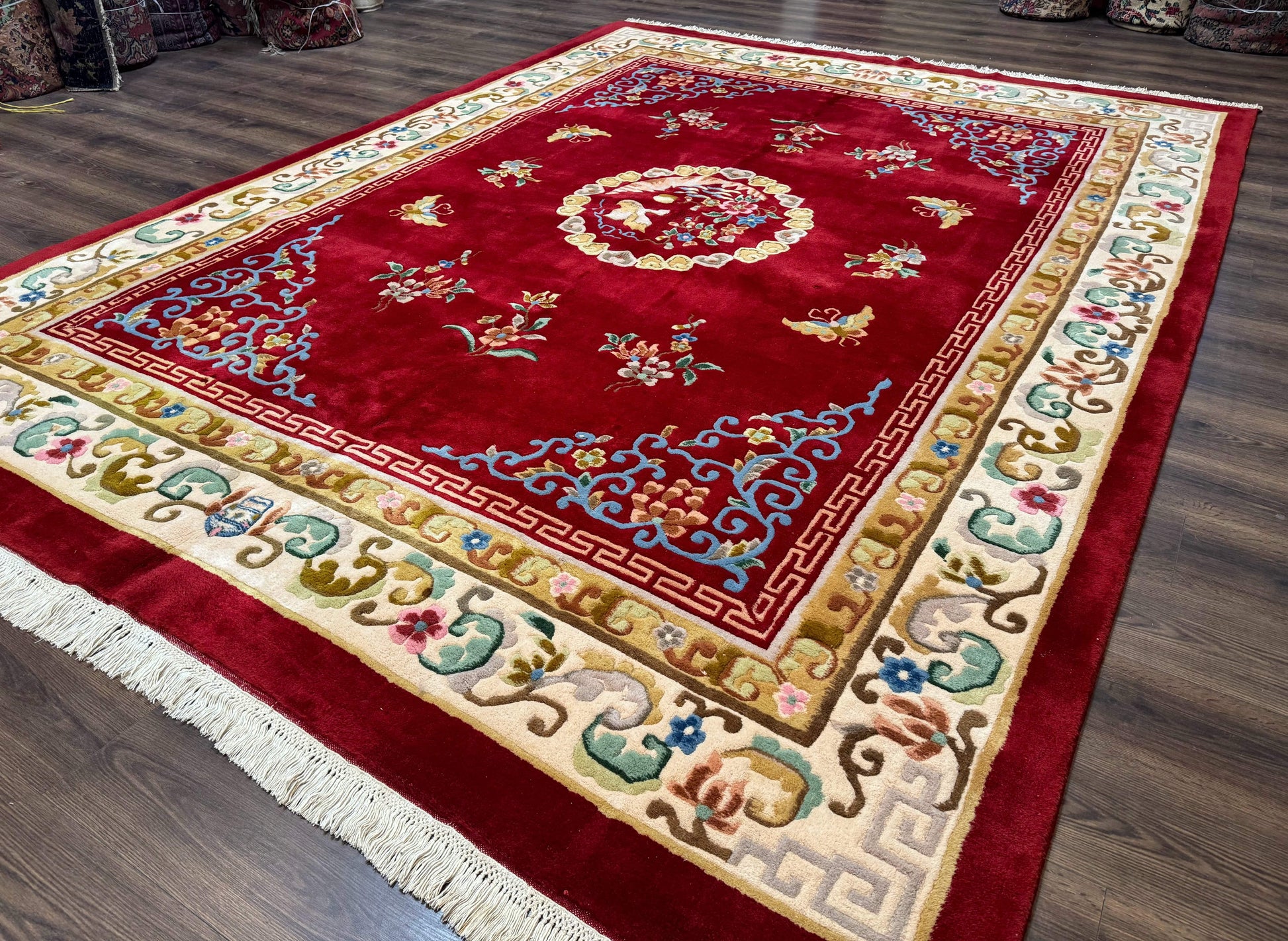 Indo Chinese Wool Rug 9x12, Red Art Deco Carpet, Vintage - Nuvé