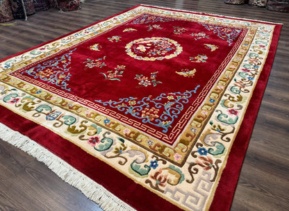 Indo Chinese Wool Rug 9x12, Red Art Deco Carpet, Vintage - Nuvé