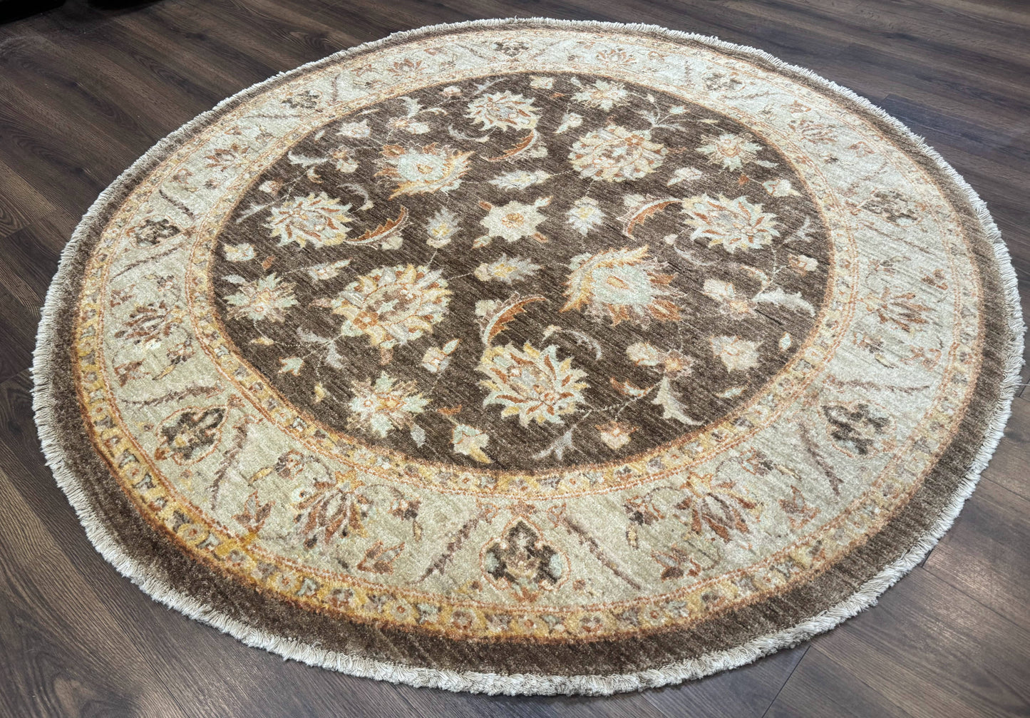 Round Pakistani Rug 6x6, Brown and Beige, Floral, Peshawar Rug, Traditional - Nuvé