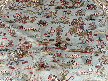 Round Silk Rug 6x6, Hunting Design, Bamboo Silk, Animal Pictorials