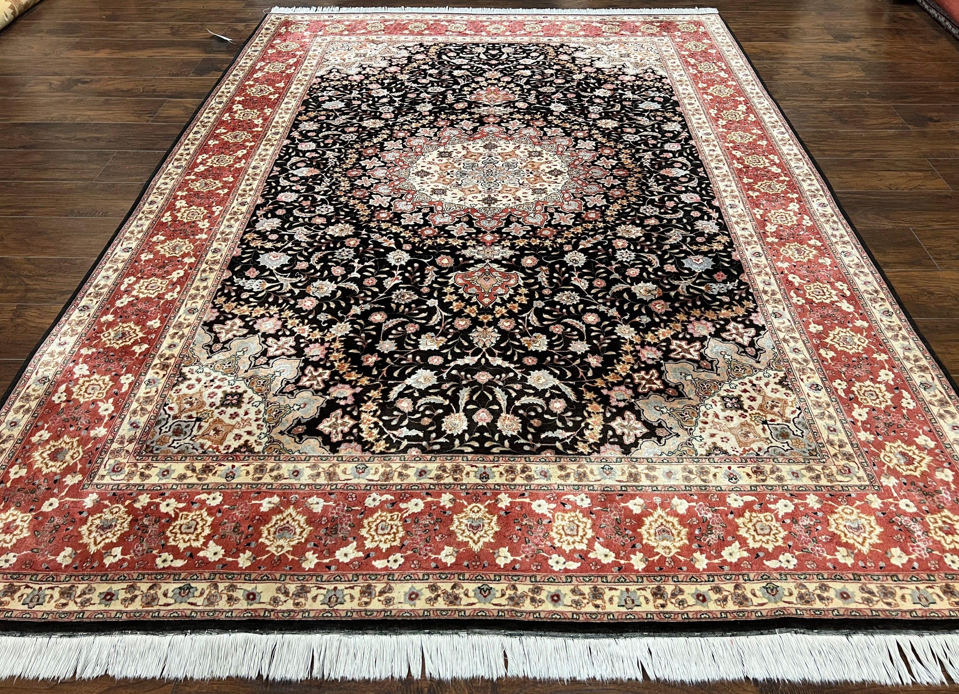 Marvelous Persian Tabriz Rug 7x10 ft, Super Fine 50 Raj, 300+ KPSI, Black and Rust Red, Floral Medallion Handmade Wool Oriental Carpet, Top Quality - Nuvé