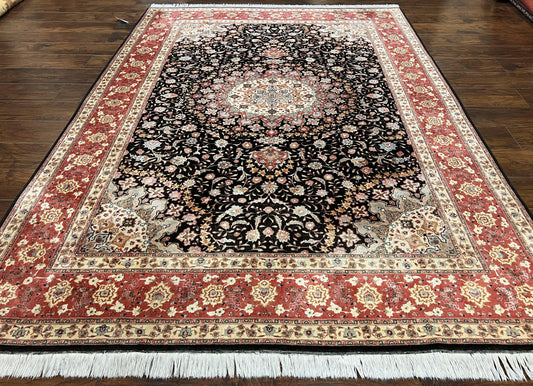 Marvelous Persian Tabriz Rug 7x10 ft, Super Fine 50 Raj, 300+ KPSI, Black and Rust Red, Floral Medallion Handmade Wool Oriental Carpet, Top Quality - Nuvé
