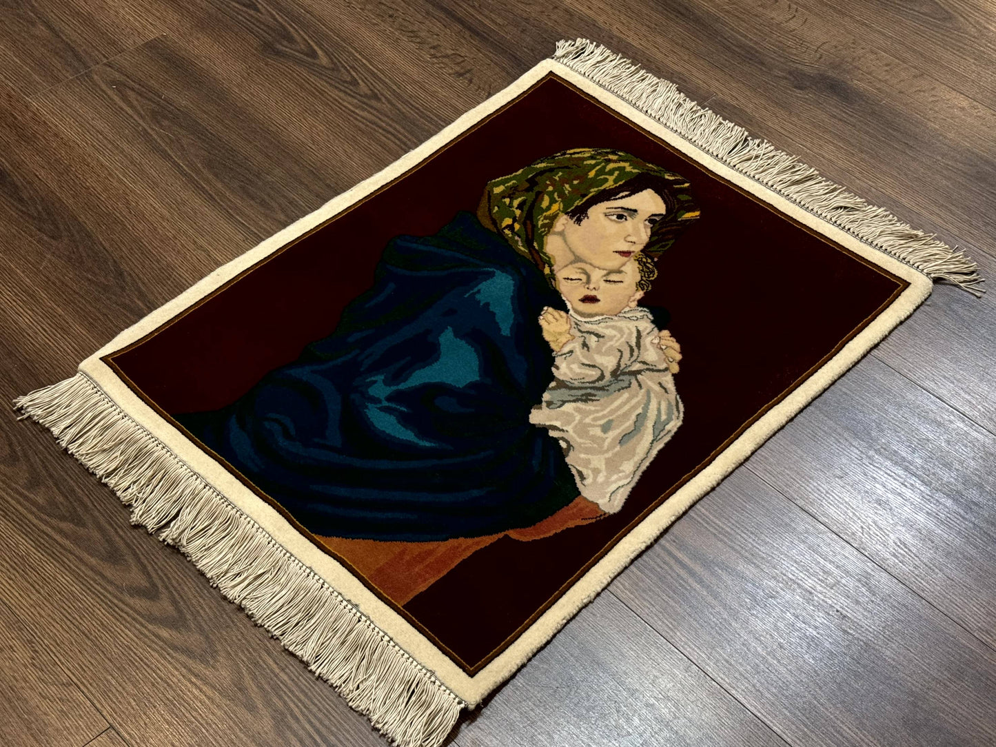Small Persian Tabriz Pictorial Rug 2x2, Mother Holding Child, Very Fine 340 KPSI, Maroon - Nuvé